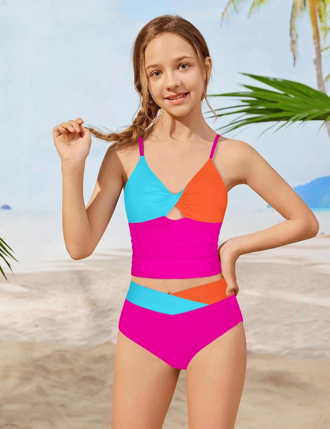 Girls Swimsuit Color Block Girls Bathing Suit Twist Tankini Set Two Piece Girl Swimwear Bikini Set for 9-16 Years