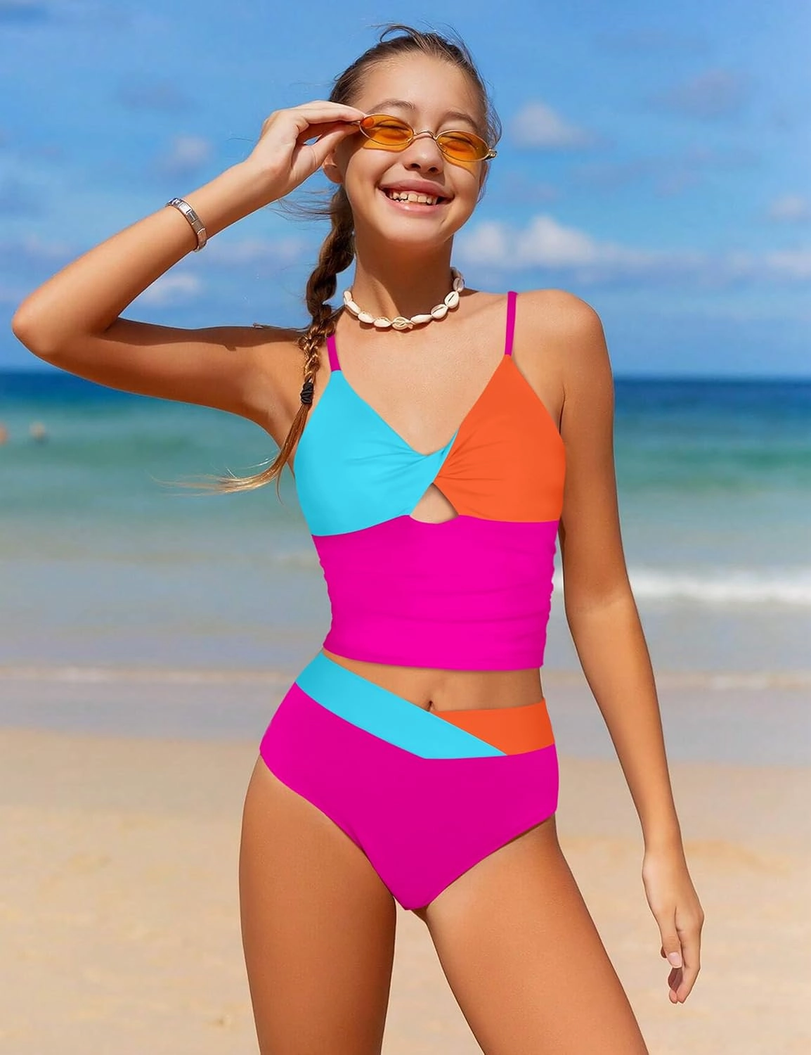 Girls Swimsuit Color Block Girls Bathing Suit Twist Tankini Set Two Piece Girl Swimwear Bikini Set for 9-16 Years