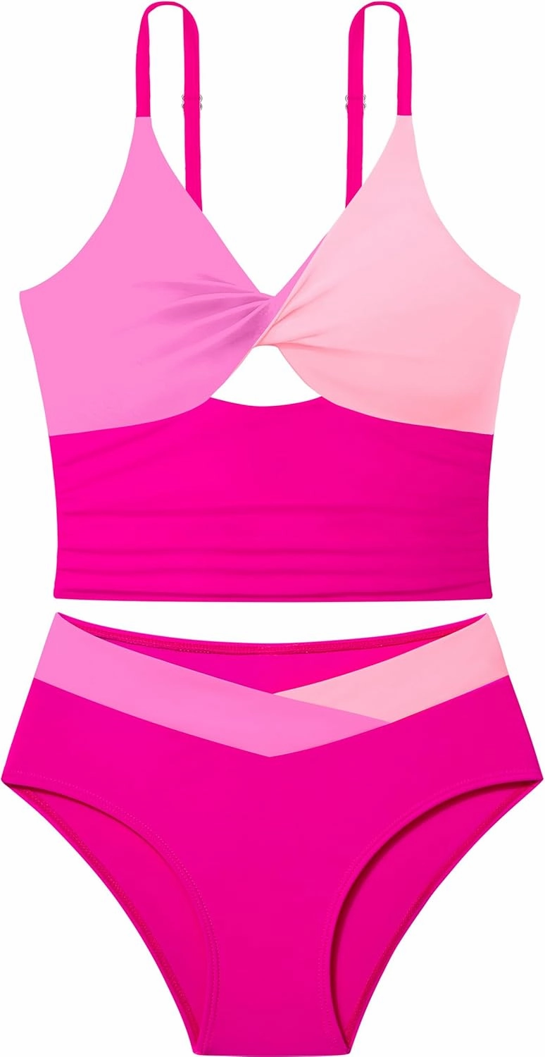 Girls Swimsuit Color Block Girls Bathing Suit Twist Tankini Set Two Piece Girl Swimwear Bikini Set for 9-16 Years
