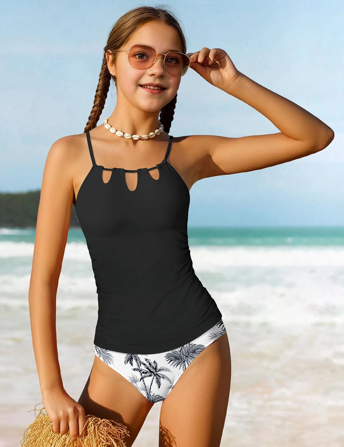 Girls Swimsuit Cutout Bathing Suit Cute Two Piece Swimsuits for Teen Girls Modest Swimwear High Waisted Tankini 9-18y