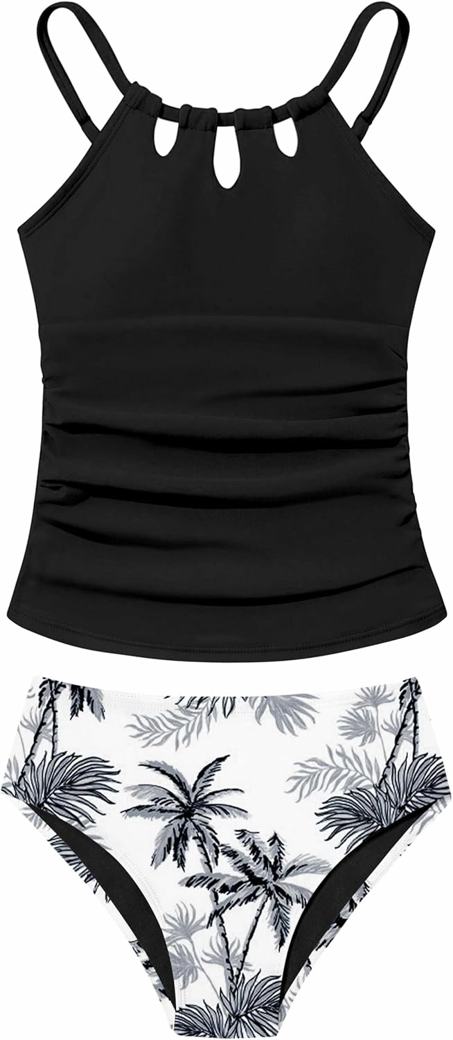 Girls Swimsuit Cutout Bathing Suit Cute Two Piece Swimsuits for Teen Girls Modest Swimwear High Waisted Tankini 9-18y