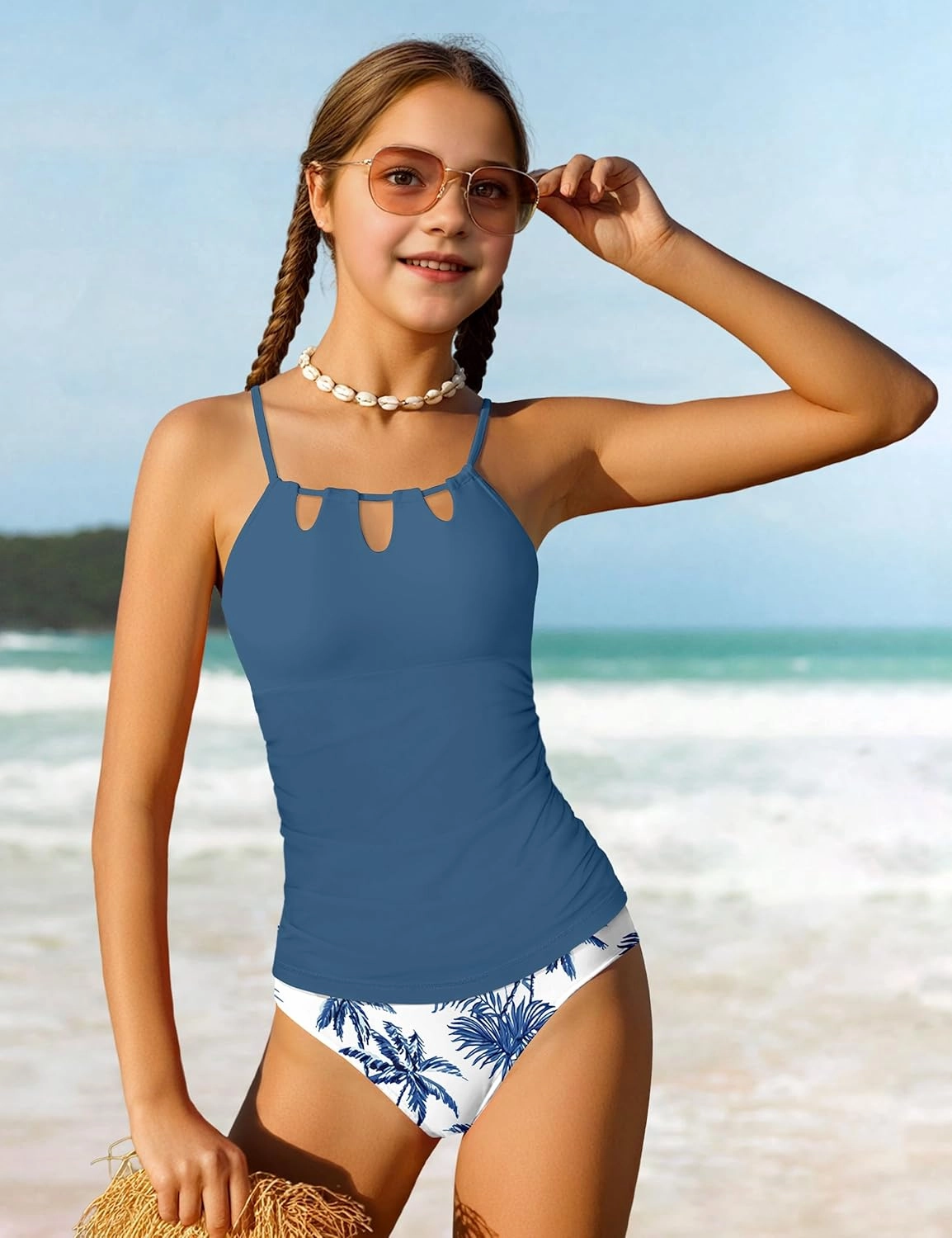Girls Swimsuit Cutout Bathing Suit Cute Two Piece Swimsuits for Teen Girls Modest Swimwear High Waisted Tankini 9-18y