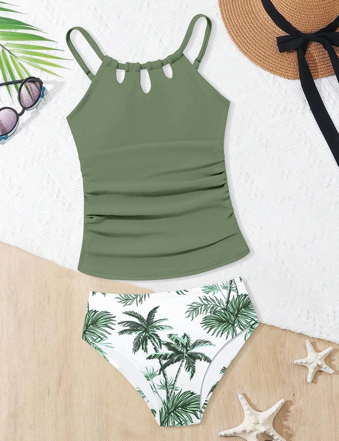 Girls Swimsuit Cutout Bathing Suit Cute Two Piece Swimsuits for Teen Girls Modest Swimwear High Waisted Tankini 9-18y