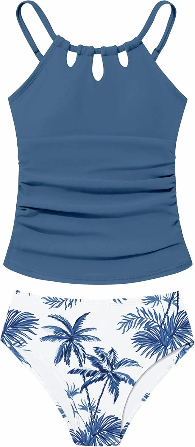 Girls Swimsuit Cutout Bathing Suit Cute Two Piece Swimsuits for Teen Girls Modest Swimwear High Waisted Tankini 9-18y