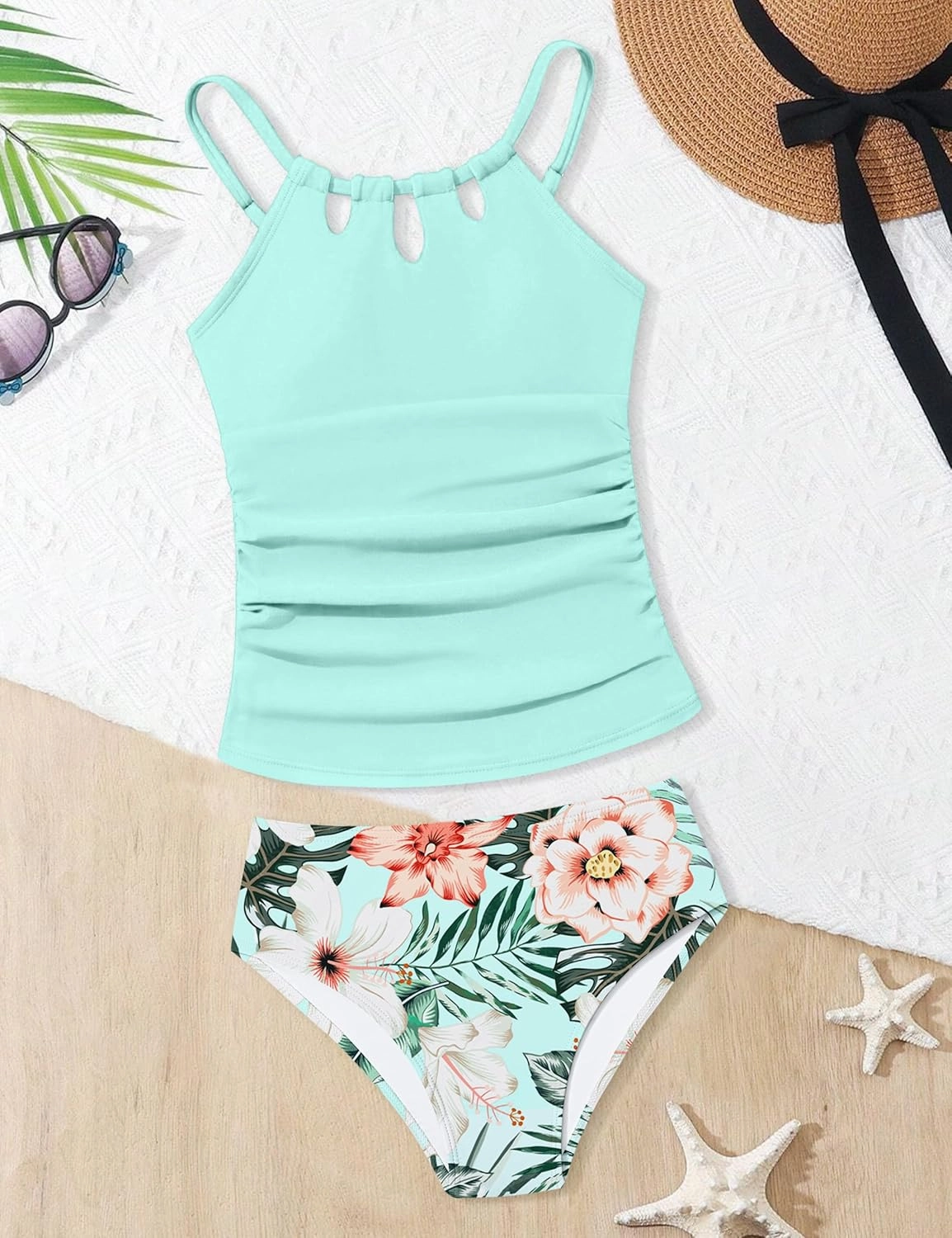 Girls Swimsuit Cutout Bathing Suit Cute Two Piece Swimsuits for Teen Girls Modest Swimwear High Waisted Tankini 9-18y