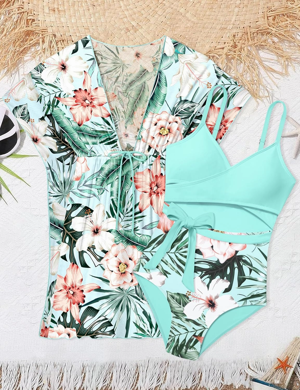 Girls Swimsuit Cutout One-Piece Bathing Suit V-Neck Swimsuits for Teens Cute Swimwear with Drawstring Cover Up 9-18y
