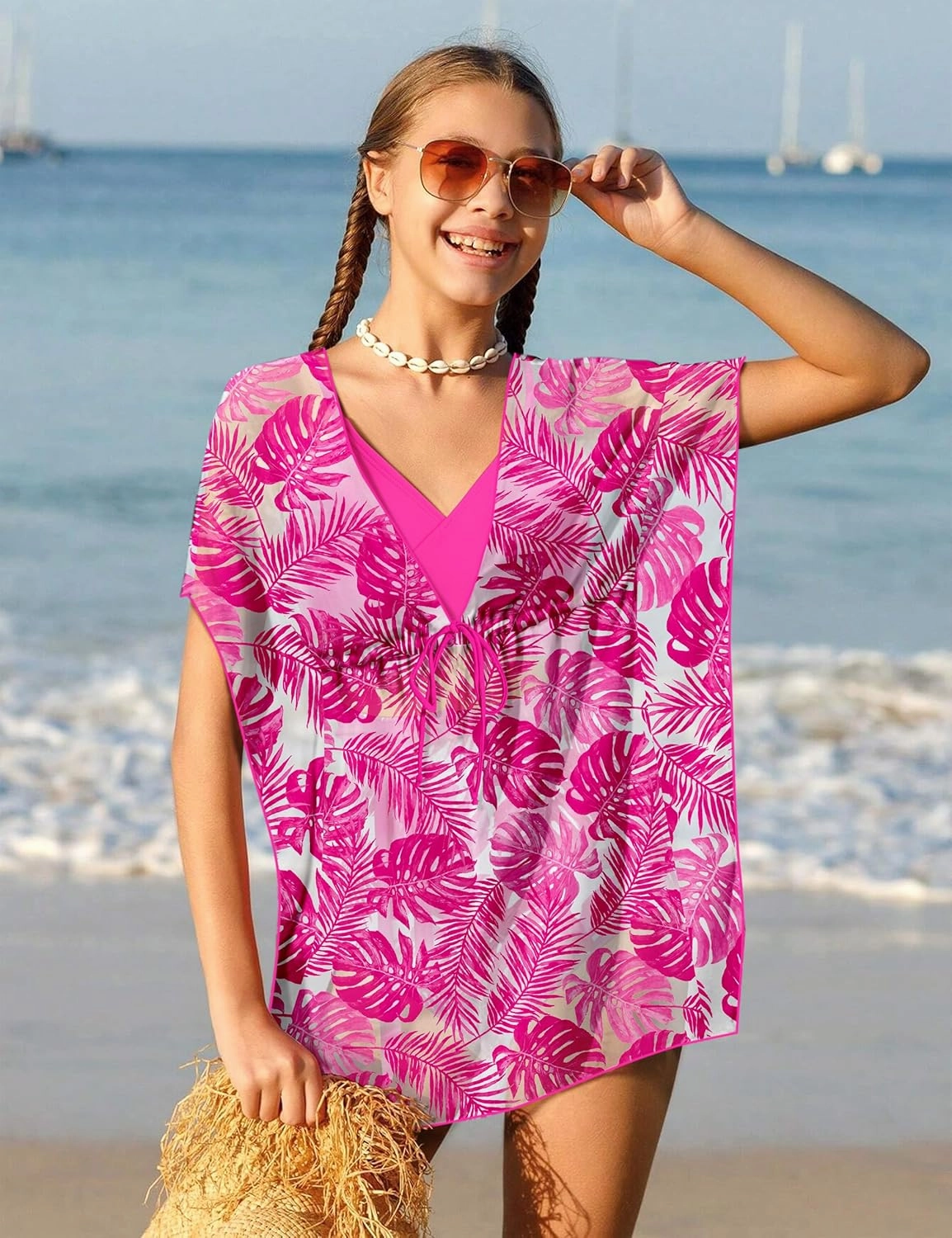 Girls Swimsuit Cutout One-Piece Bathing Suit V-Neck Swimsuits for Teens Cute Swimwear with Drawstring Cover Up 9-18y