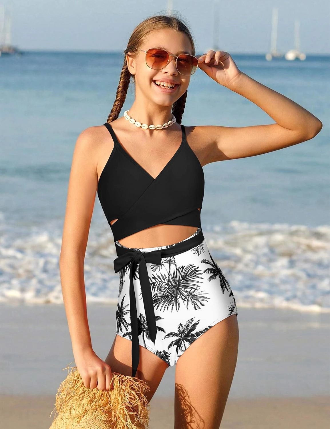 Girls Swimsuit Cutout One-Piece Bathing Suit V-Neck Swimsuits for Teens Cute Swimwear with Drawstring Cover Up 9-18y