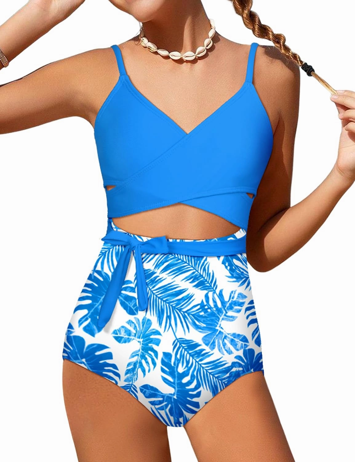 Girls Swimsuit Cutout One-Piece Bathing Suit V-Neck Swimsuits for Teens Cute Swimwear with Drawstring Cover Up 9-18y