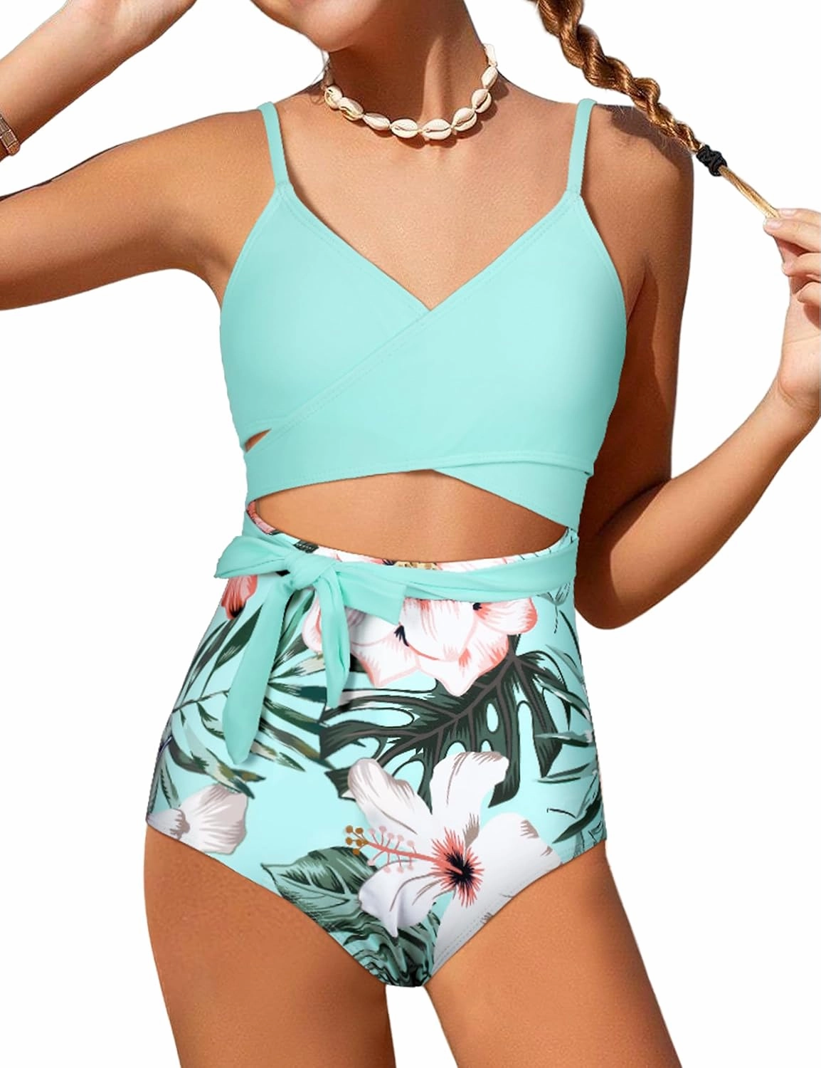 Girls Swimsuit Cutout One-Piece Bathing Suit V-Neck Swimsuits for Teens Cute Swimwear with Drawstring Cover Up 9-18y