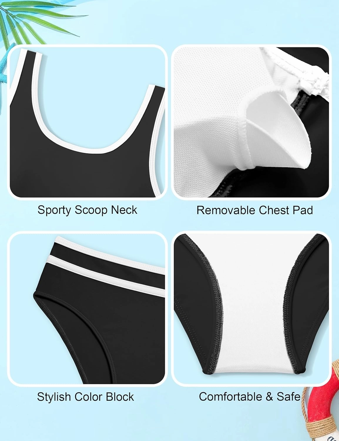 Girls Swimsuit Double Strap High Waist Sporty Bikini Swimsuits Swim Cover Up Skirt 3 Piece Set