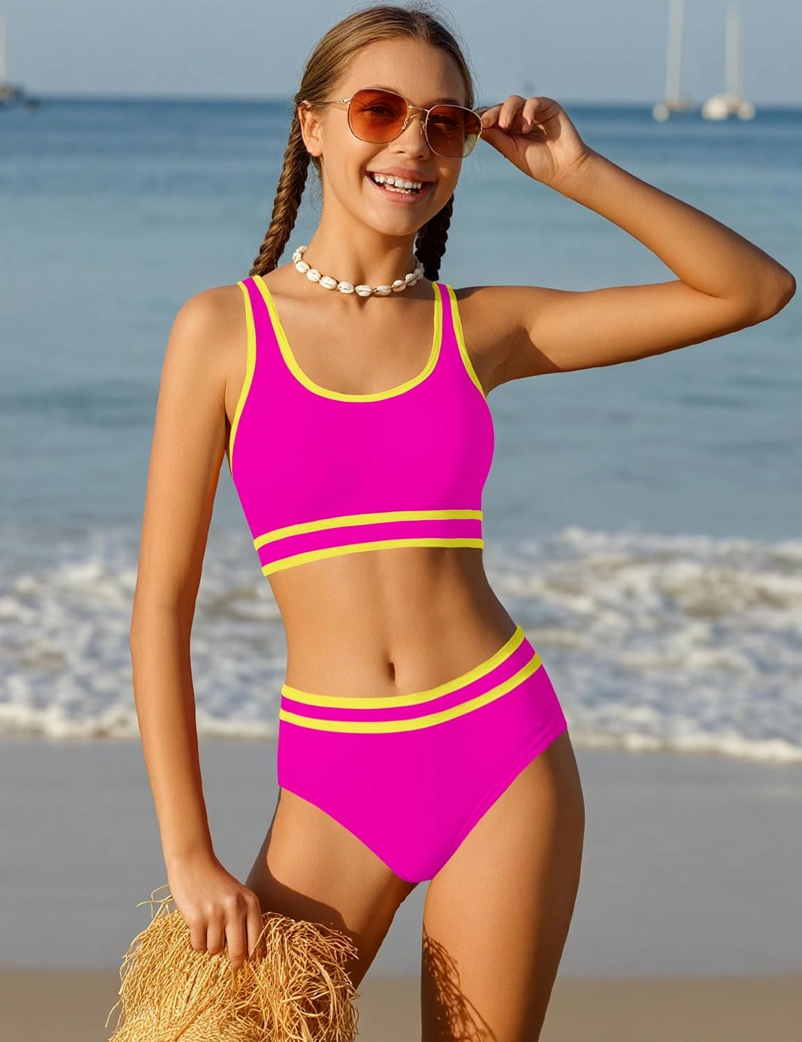 Girls Swimsuit Double Strap High Waist Sporty Bikini Swimsuits Swim Cover Up Skirt 3 Piece Set