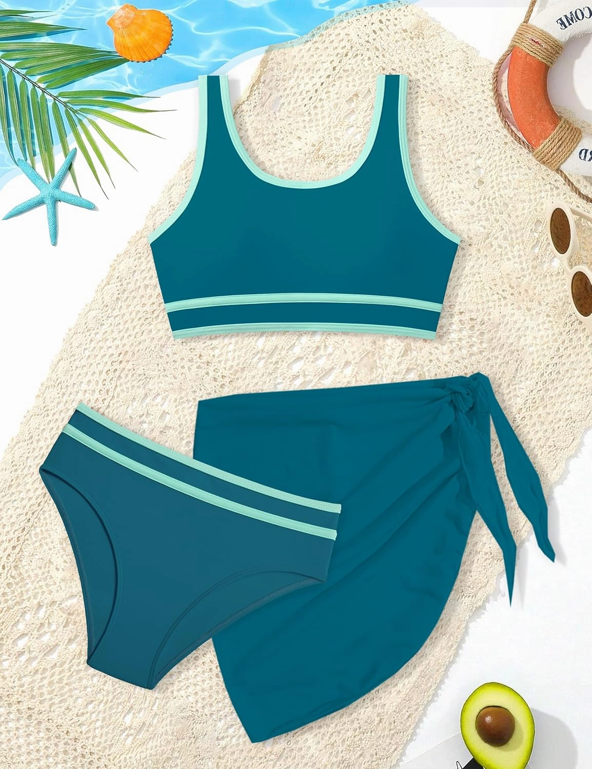Girls Swimsuit Double Strap High Waist Sporty Bikini Swimsuits Swim Cover Up Skirt 3 Piece Set
