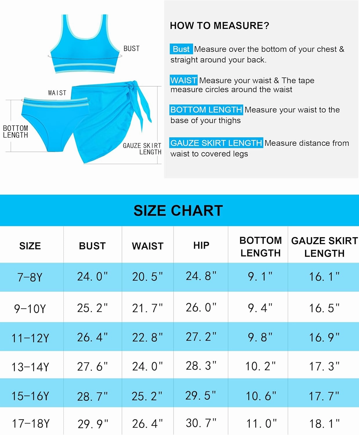 Girls Swimsuit Double Strap High Waist Sporty Bikini Swimsuits Swim Cover Up Skirt 3 Piece Set