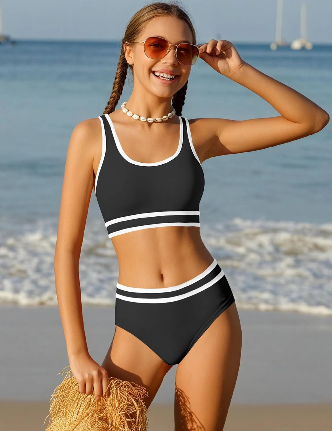 Girls Swimsuit Double Strap High Waist Sporty Bikini Swimsuits Swim Cover Up Skirt 3 Piece Set