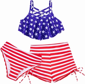 Girls Swimsuit Kids Bathing Suit 3 Pieces Bikini Set with Shorts Adjustable Swimwear 7-13 Years
