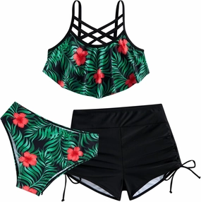Girls Swimsuit Kids Bathing Suit 3 Pieces Bikini Set with Shorts Adjustable Swimwear 7-13 Years