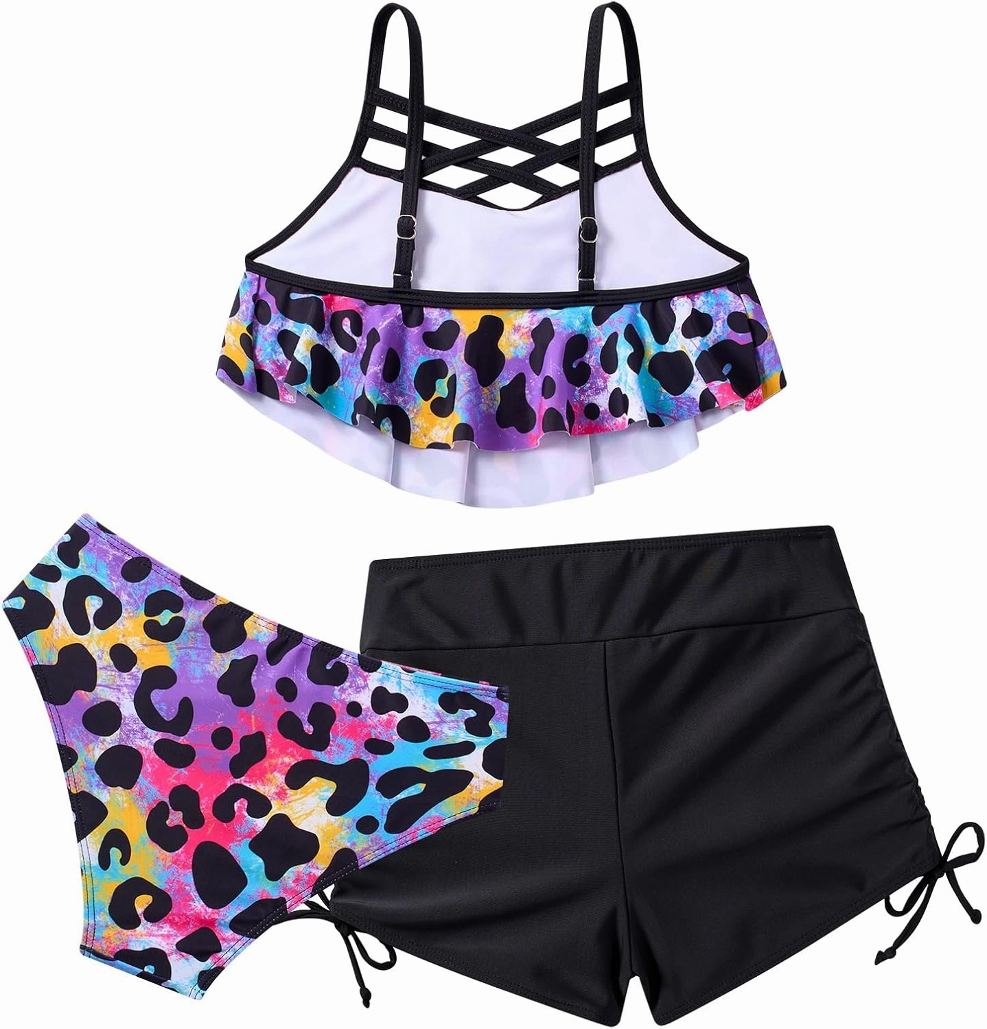 Girls Swimsuit Kids Bathing Suit 3 Pieces Bikini Set with Shorts Adjustable Swimwear 7-13 Years