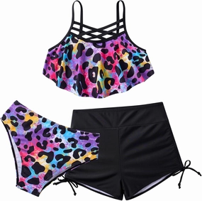 Girls Swimsuit Kids Bathing Suit 3 Pieces Bikini Set with Shorts Adjustable Swimwear 7-13 Years