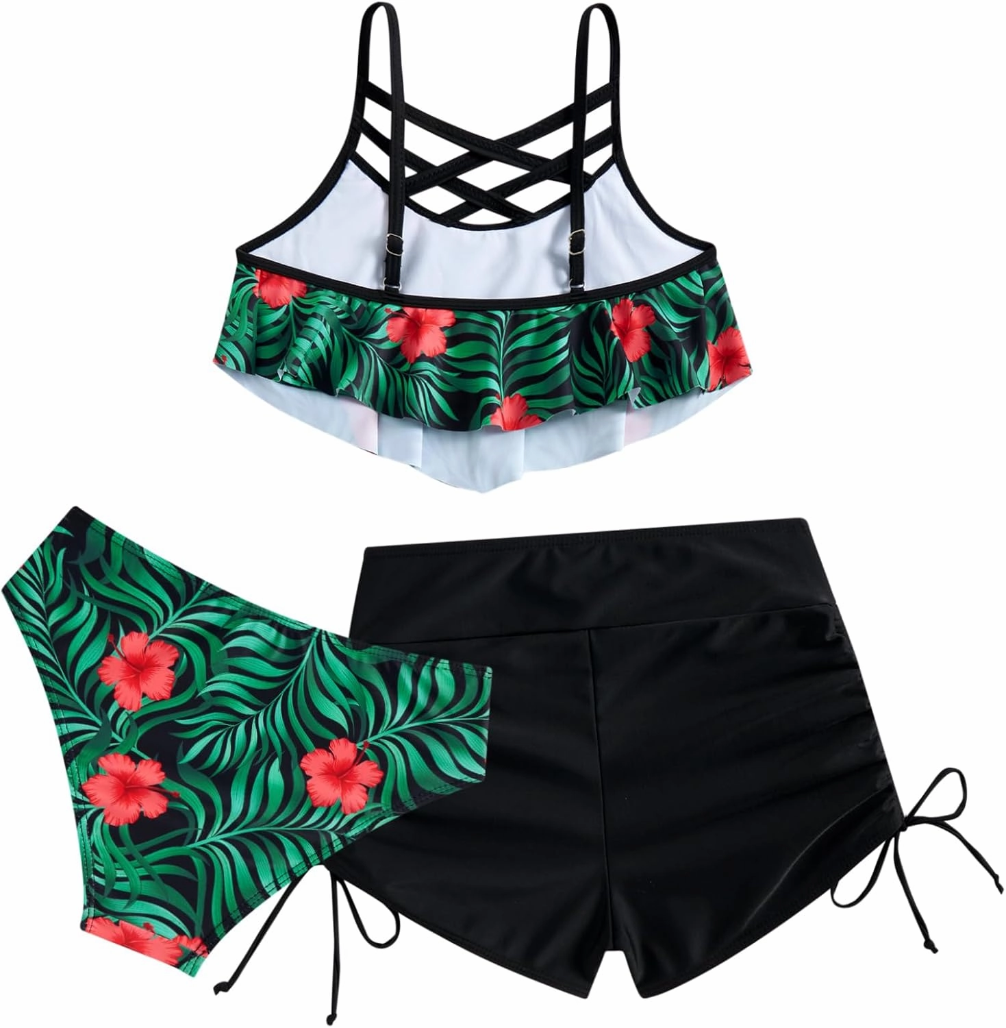 Girls Swimsuit Kids Bathing Suit 3 Pieces Bikini Set with Shorts Adjustable Swimwear 7-13 Years