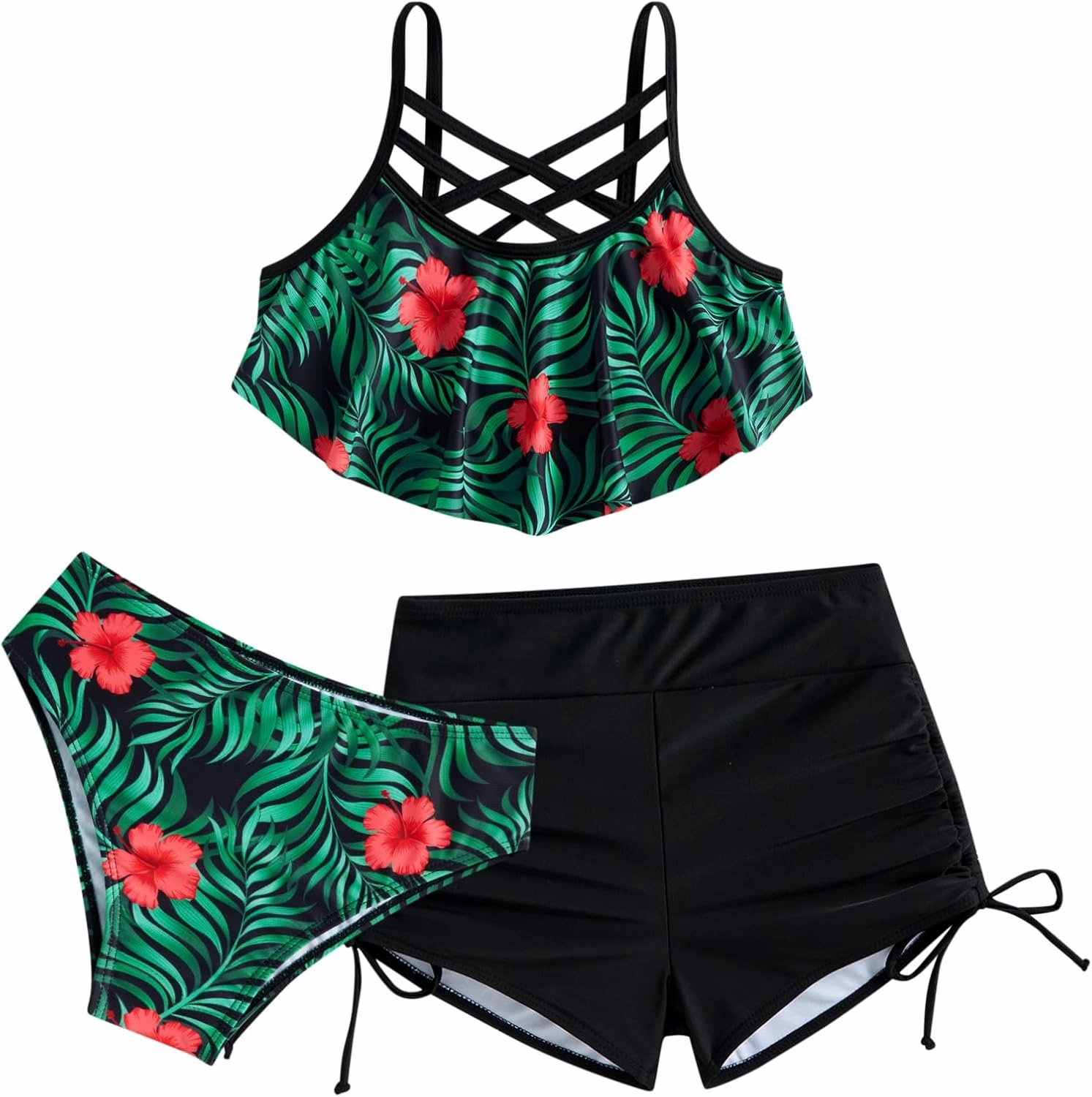 Girls Swimsuit Kids Bathing Suit 3 Pieces Bikini Set with Shorts Adjustable Swimwear 7-13 Years