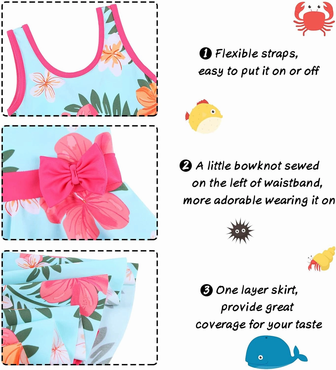 Girls Swimsuit One Piece UPF 50  Floral Skirted Bathing Suit Modest Beach Swim Dress 3-11 Years