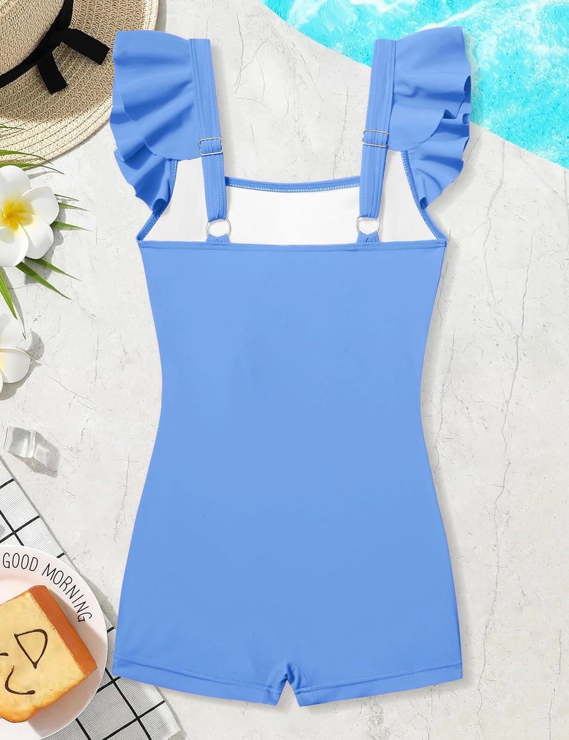 Girls Swimsuit Ruffle Girl One Piece Bathing Suit Solid Swimsuits Ruched Sleeveless Girls' Swimwear for 7-14 Years