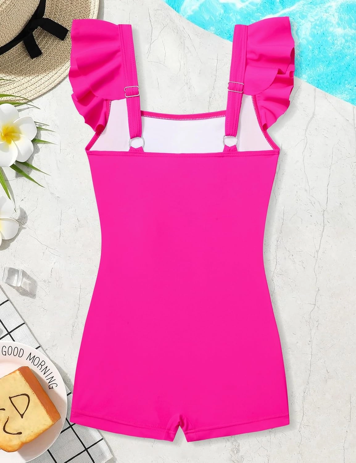 Girls Swimsuit Ruffle Girl One Piece Bathing Suit Solid Swimsuits Ruched Sleeveless Girls' Swimwear for 7-14 Years