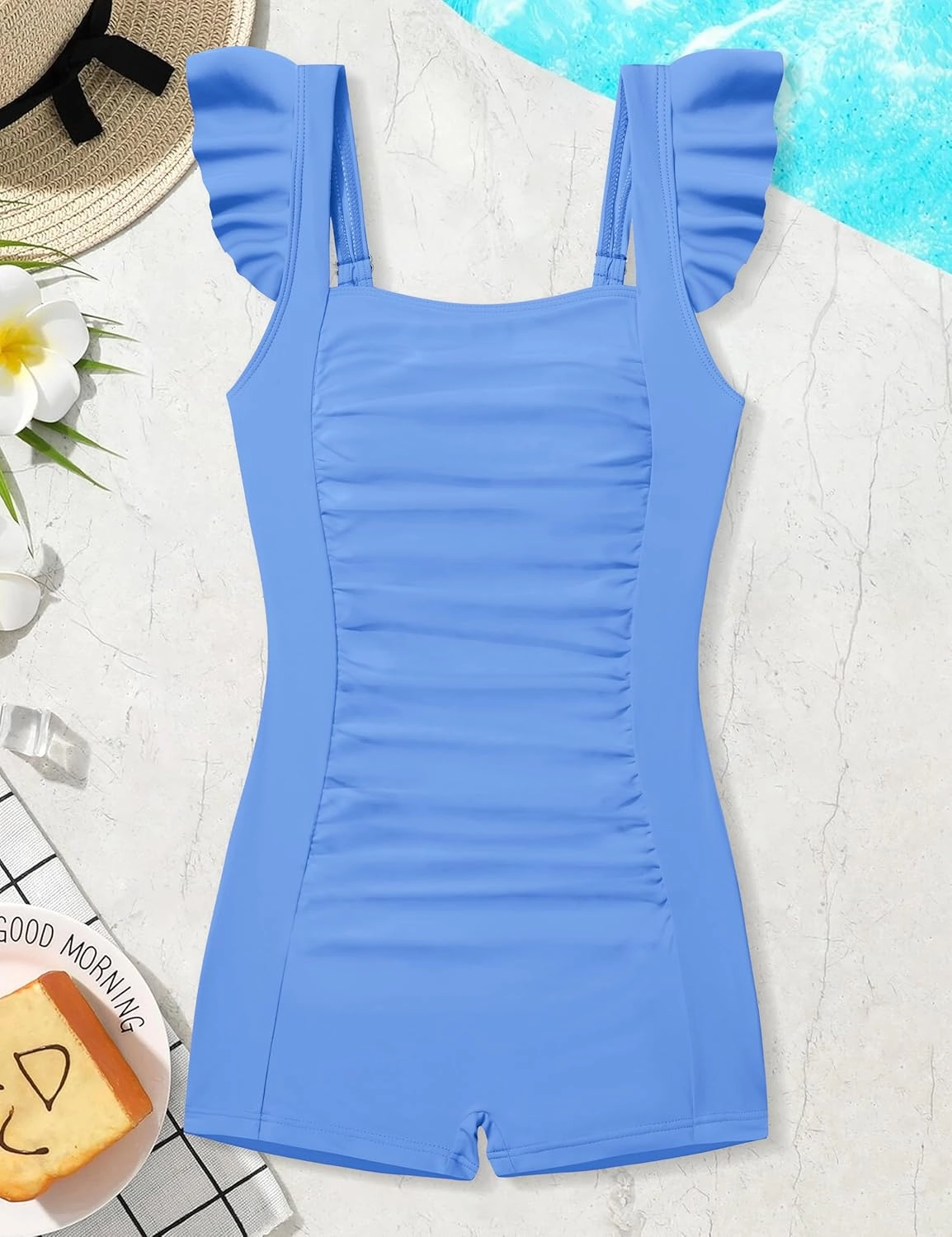Girls Swimsuit Ruffle Girl One Piece Bathing Suit Solid Swimsuits Ruched Sleeveless Girls' Swimwear for 7-14 Years