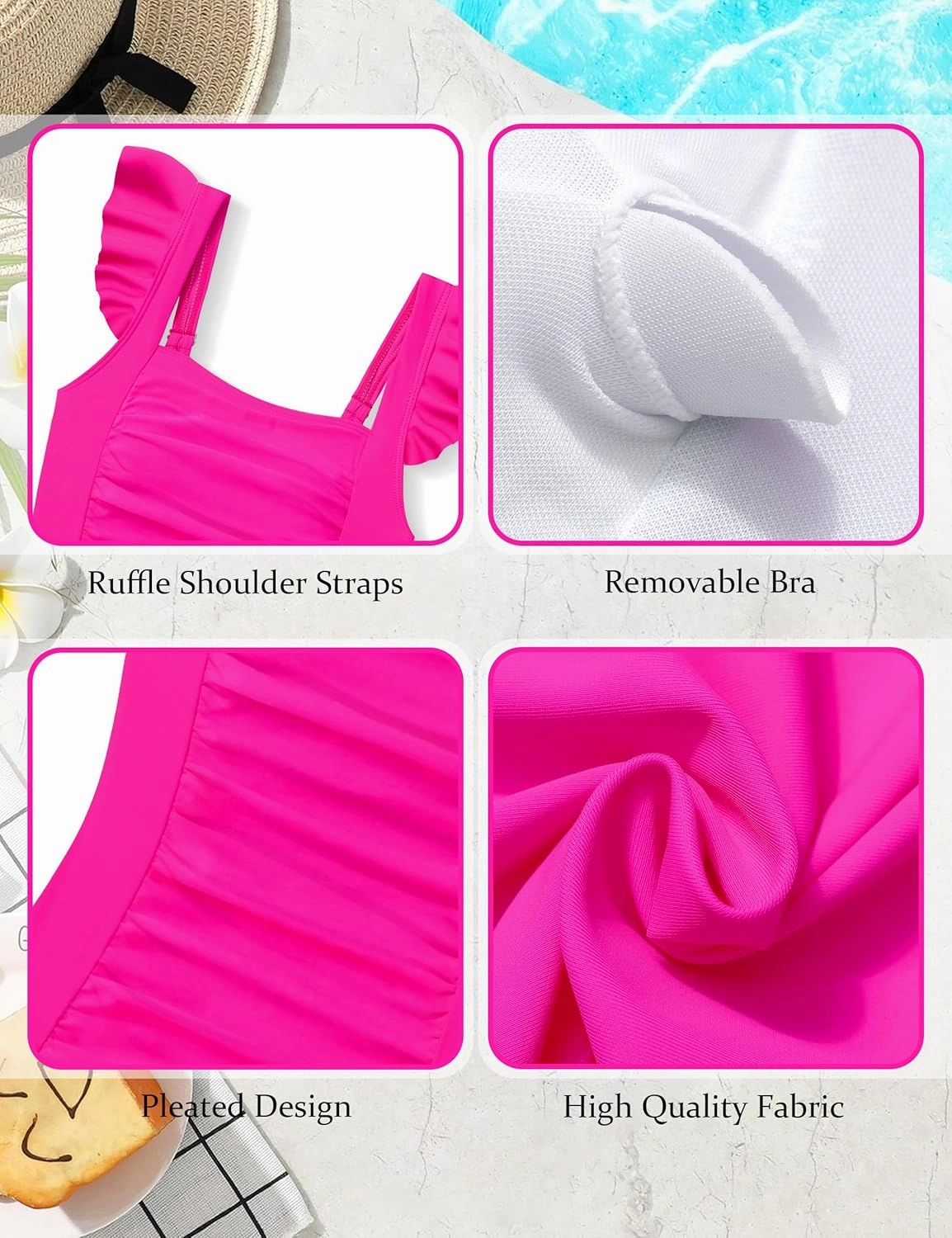 Girls Swimsuit Ruffle Girl One Piece Bathing Suit Solid Swimsuits Ruched Sleeveless Girls' Swimwear for 7-14 Years