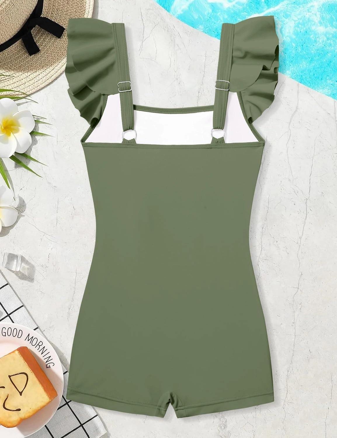 Girls Swimsuit Ruffle Girl One Piece Bathing Suit Solid Swimsuits Ruched Sleeveless Girls' Swimwear for 7-14 Years
