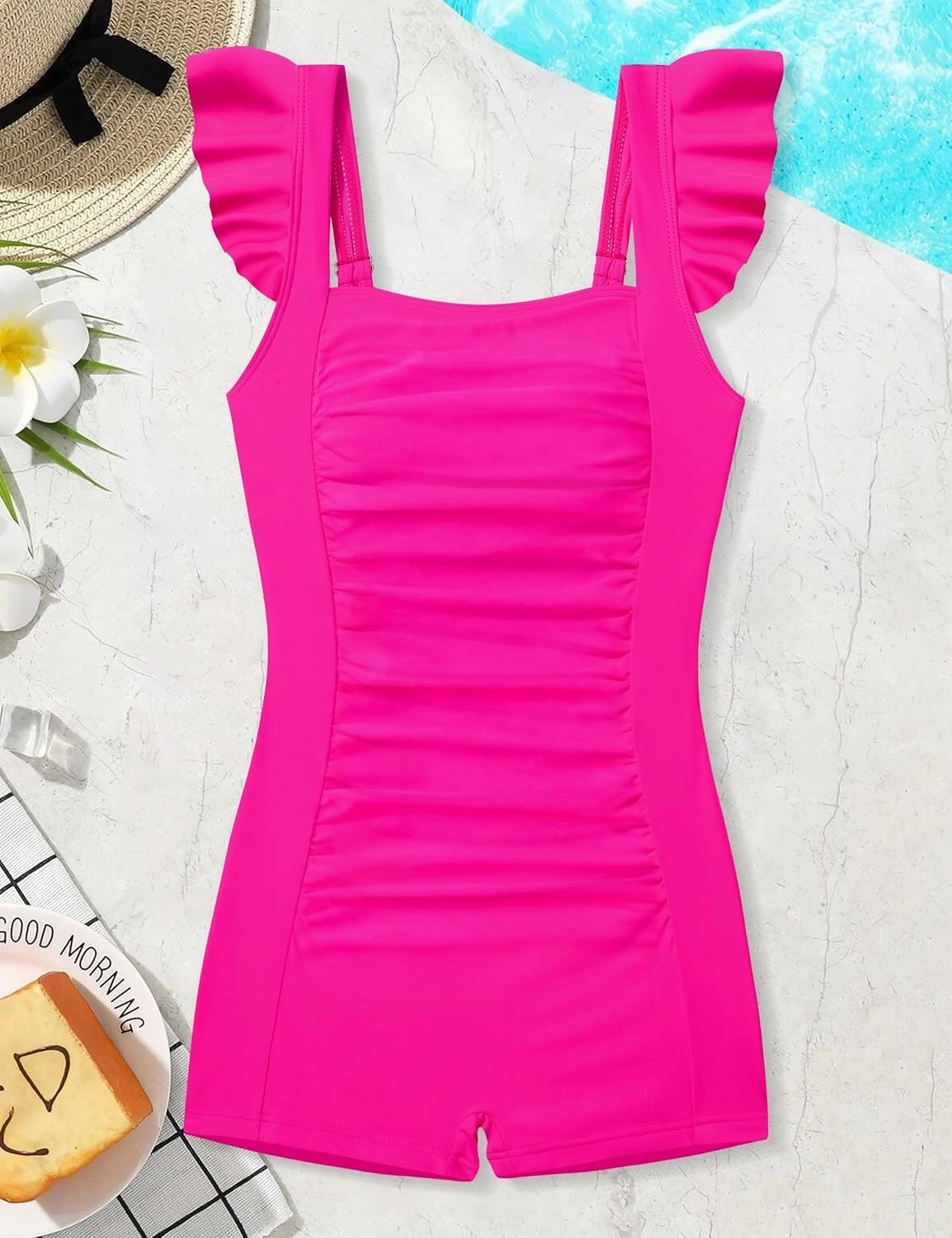 Girls Swimsuit Ruffle Girl One Piece Bathing Suit Solid Swimsuits Ruched Sleeveless Girls' Swimwear for 7-14 Years