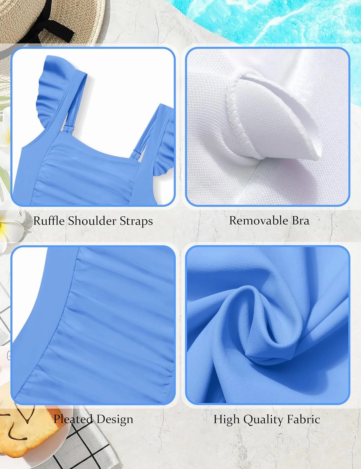 Girls Swimsuit Ruffle Girl One Piece Bathing Suit Solid Swimsuits Ruched Sleeveless Girls' Swimwear for 7-14 Years