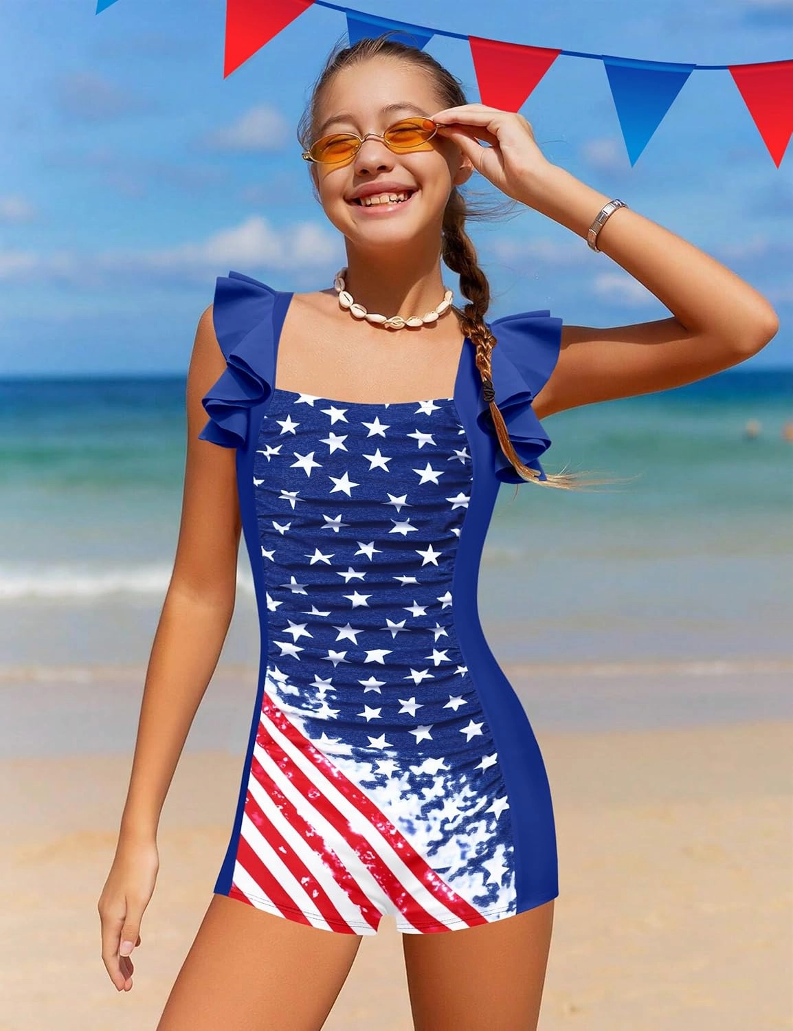 Girls Swimsuit Ruffle Girl One Piece Bathing Suit Solid Swimsuits Ruched Sleeveless Girls' Swimwear for 7-14 Years