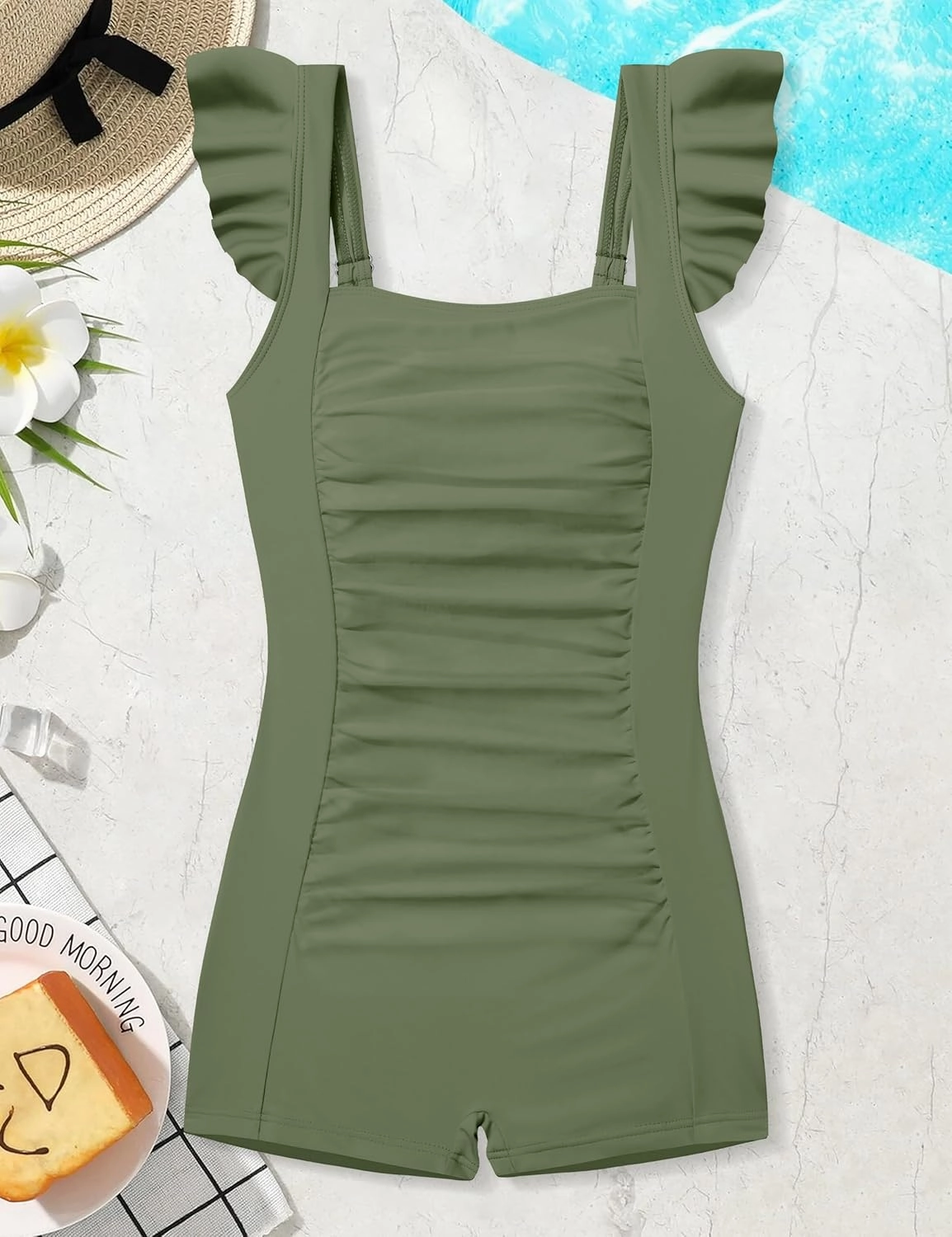 Girls Swimsuit Ruffle Girl One Piece Bathing Suit Solid Swimsuits Ruched Sleeveless Girls' Swimwear for 7-14 Years