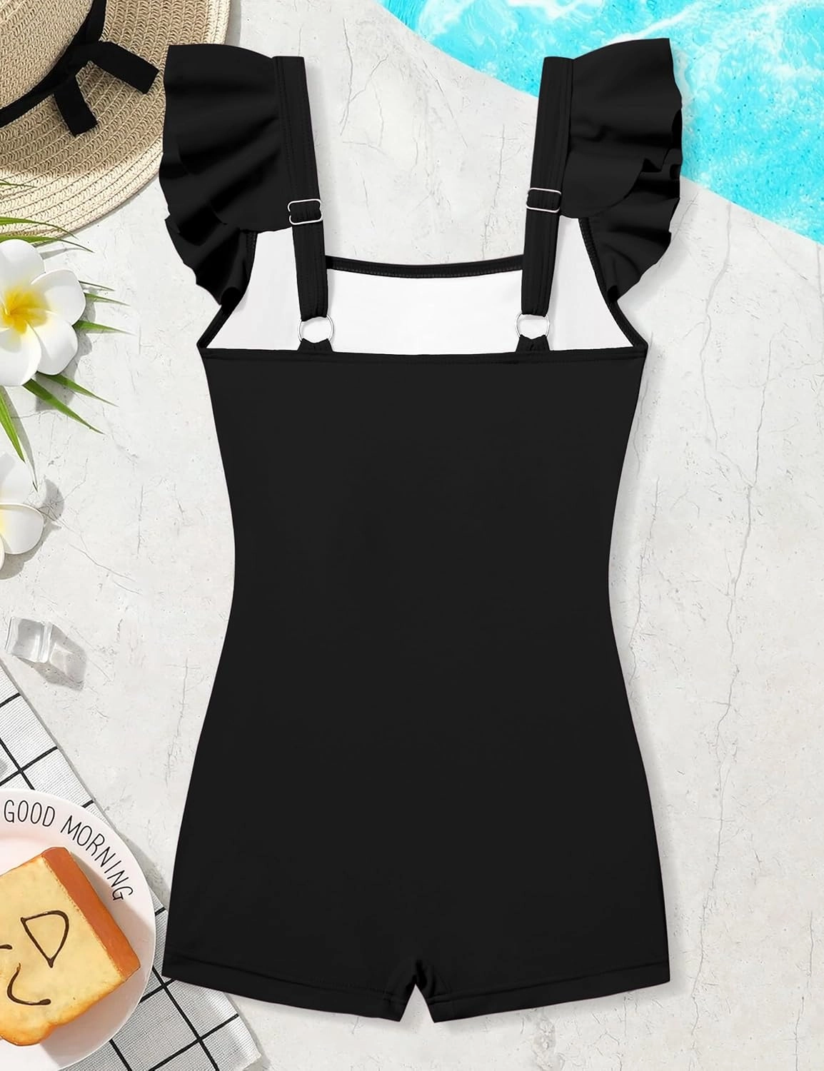 Girls Swimsuit Ruffle Girl One Piece Bathing Suit Solid Swimsuits Ruched Sleeveless Girls' Swimwear for 7-14 Years