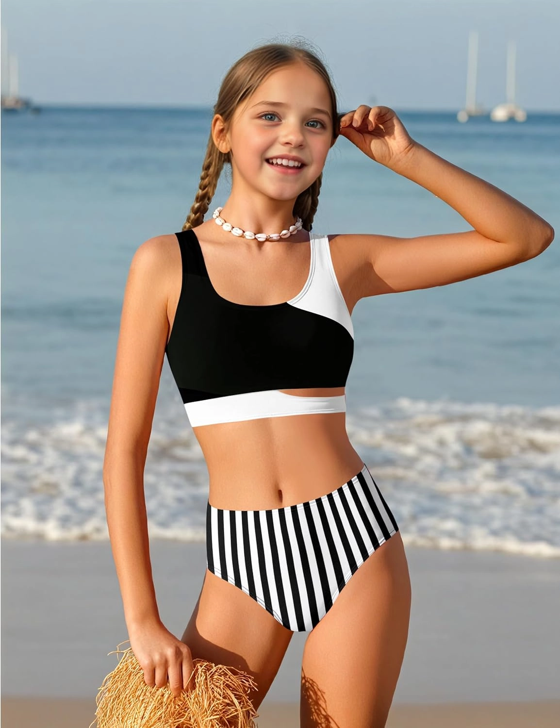 Girls Swimsuit Stripe Bathing Suit Color Block Sporty Bikini Swimsuits Swim Cover Up Skirt 3 Piece Set