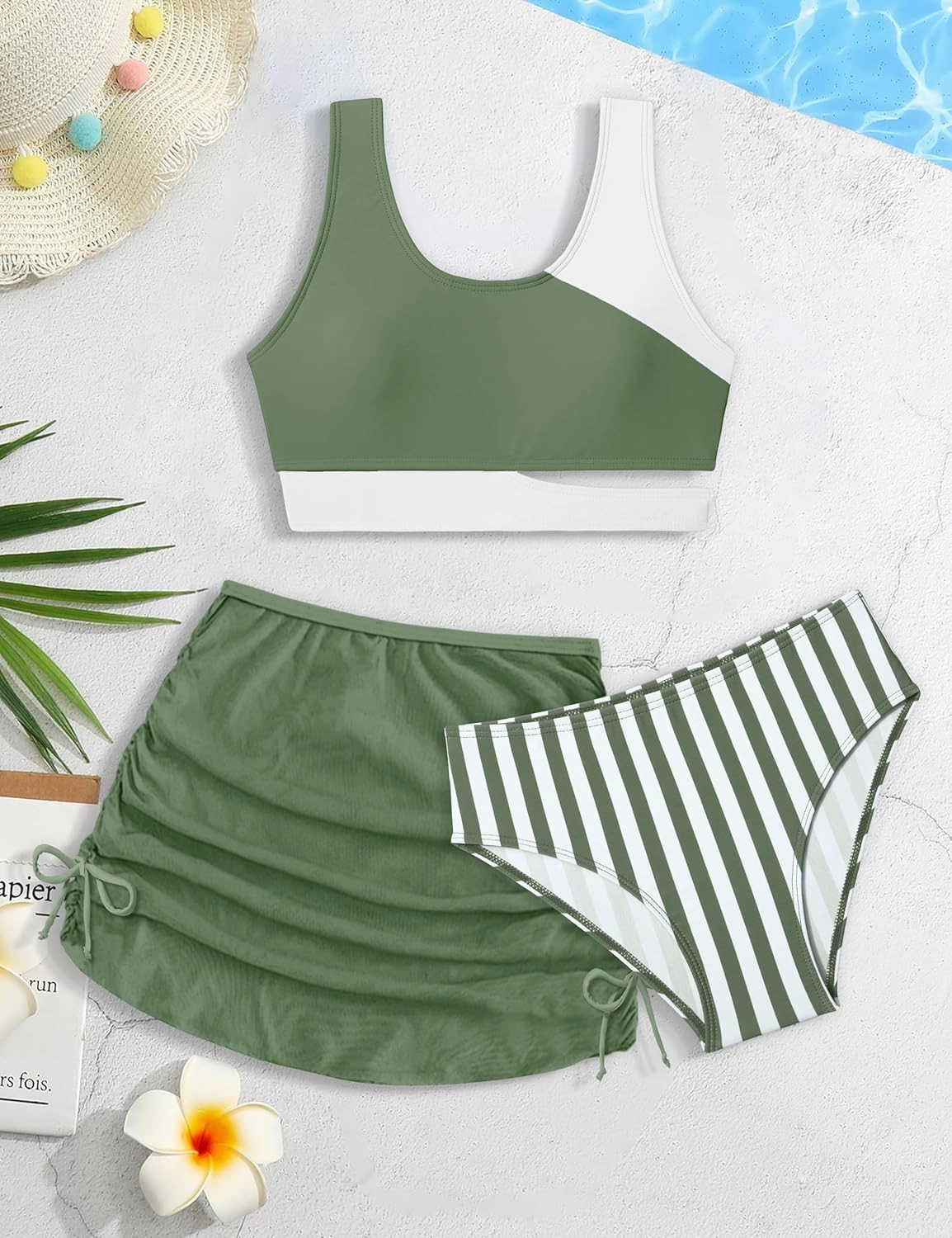 Girls Swimsuit Stripe Bathing Suit Color Block Sporty Bikini Swimsuits Swim Cover Up Skirt 3 Piece Set