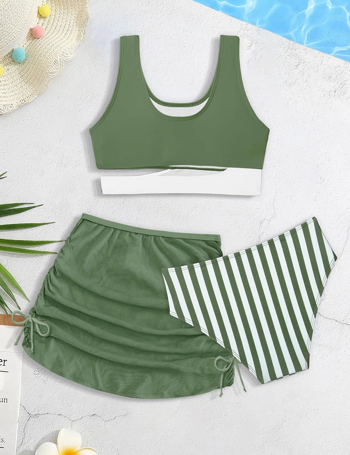 Girls Swimsuit Stripe Bathing Suit Color Block Sporty Bikini Swimsuits Swim Cover Up Skirt 3 Piece Set