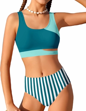 Girls Swimsuit Stripe Bathing Suit Color Block Sporty Bikini Swimsuits Swim Cover Up Skirt 3 Piece Set