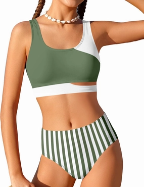 Girls Swimsuit Stripe Bathing Suit Color Block Sporty Bikini Swimsuits Swim Cover Up Skirt 3 Piece Set