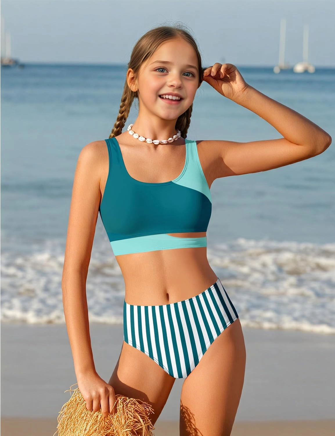 Girls Swimsuit Stripe Bathing Suit Color Block Sporty Bikini Swimsuits Swim Cover Up Skirt 3 Piece Set