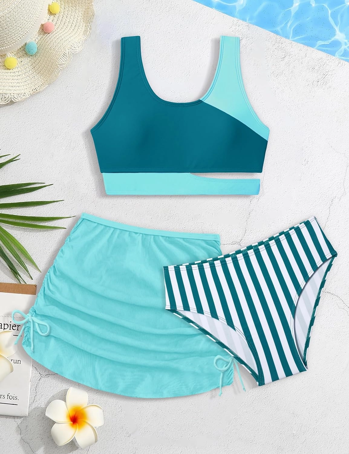 Girls Swimsuit Stripe Bathing Suit Color Block Sporty Bikini Swimsuits Swim Cover Up Skirt 3 Piece Set