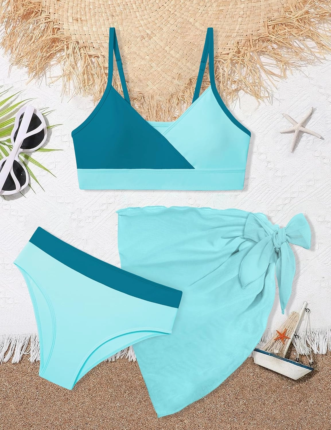 Girls Swimsuit V Neck Bikini Set Color Block with Cover Up 3Pcs Bathing Suits