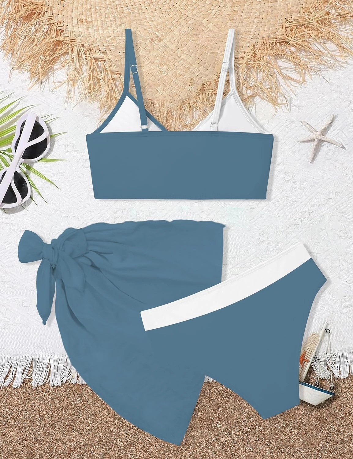 Girls Swimsuit V Neck Bikini Set Color Block with Cover Up 3Pcs Bathing Suits