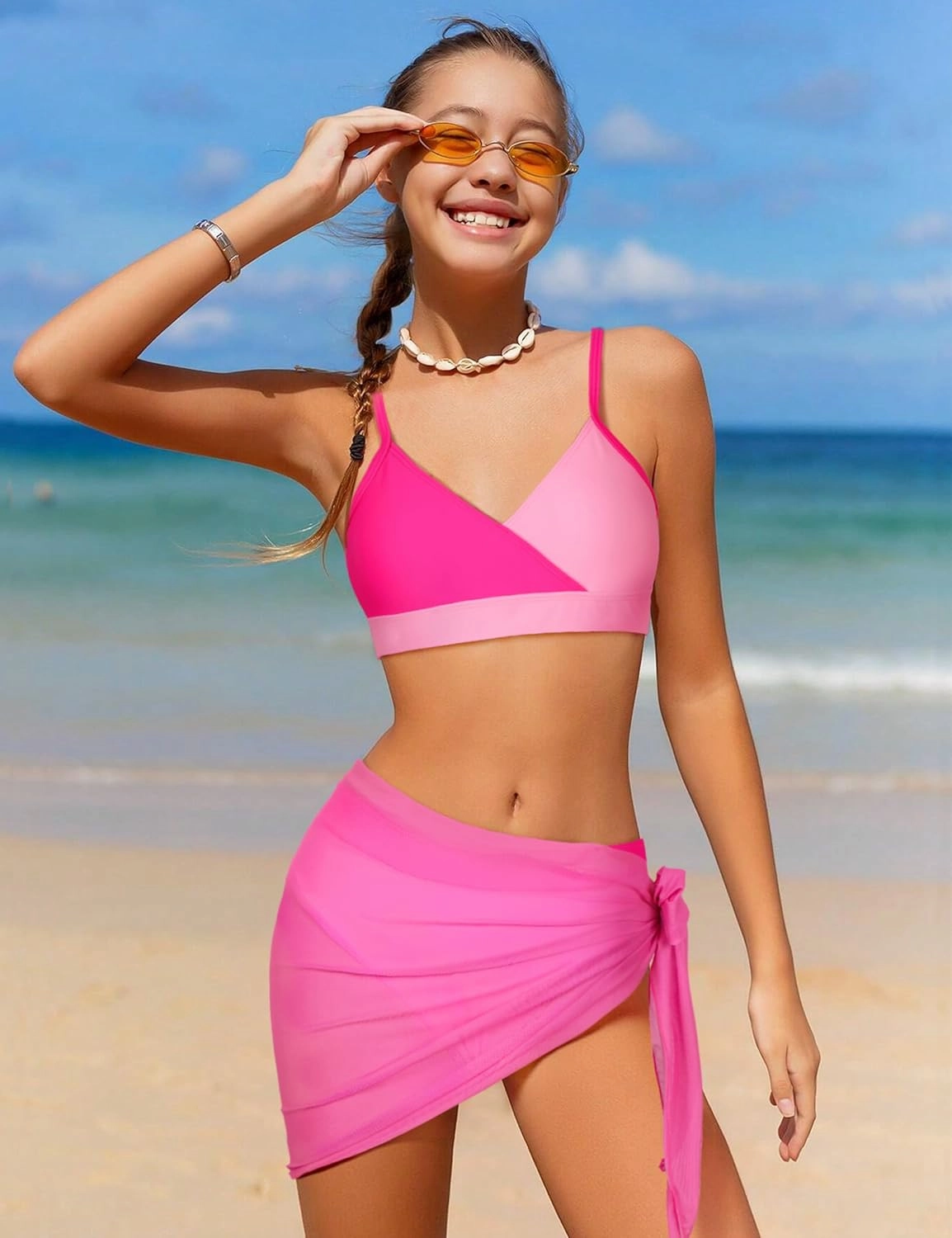 Girls Swimsuit V Neck Bikini Set Color Block with Cover Up 3Pcs Bathing Suits