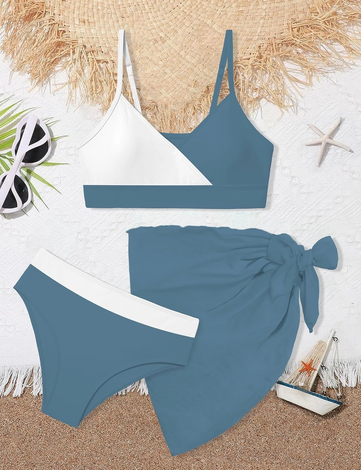 Girls Swimsuit V Neck Bikini Set Color Block with Cover Up 3Pcs Bathing Suits