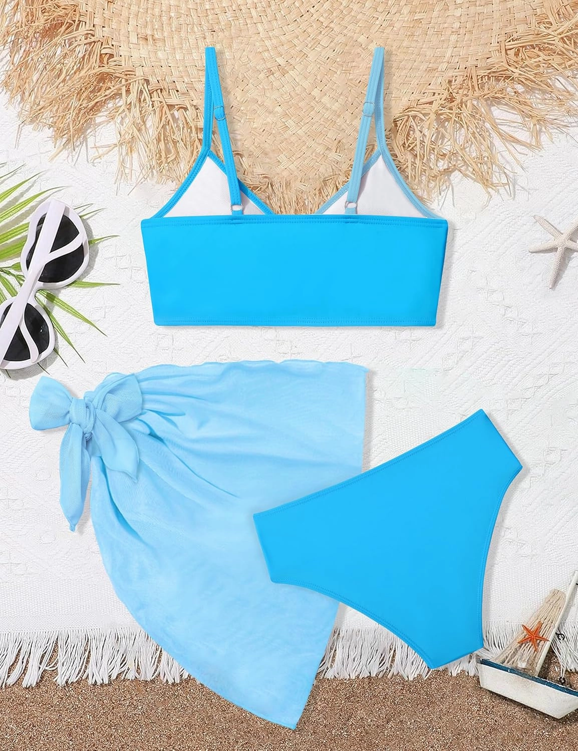 Girls Swimsuit V Neck Bikini Set Color Block with Cover Up 3Pcs Bathing Suits