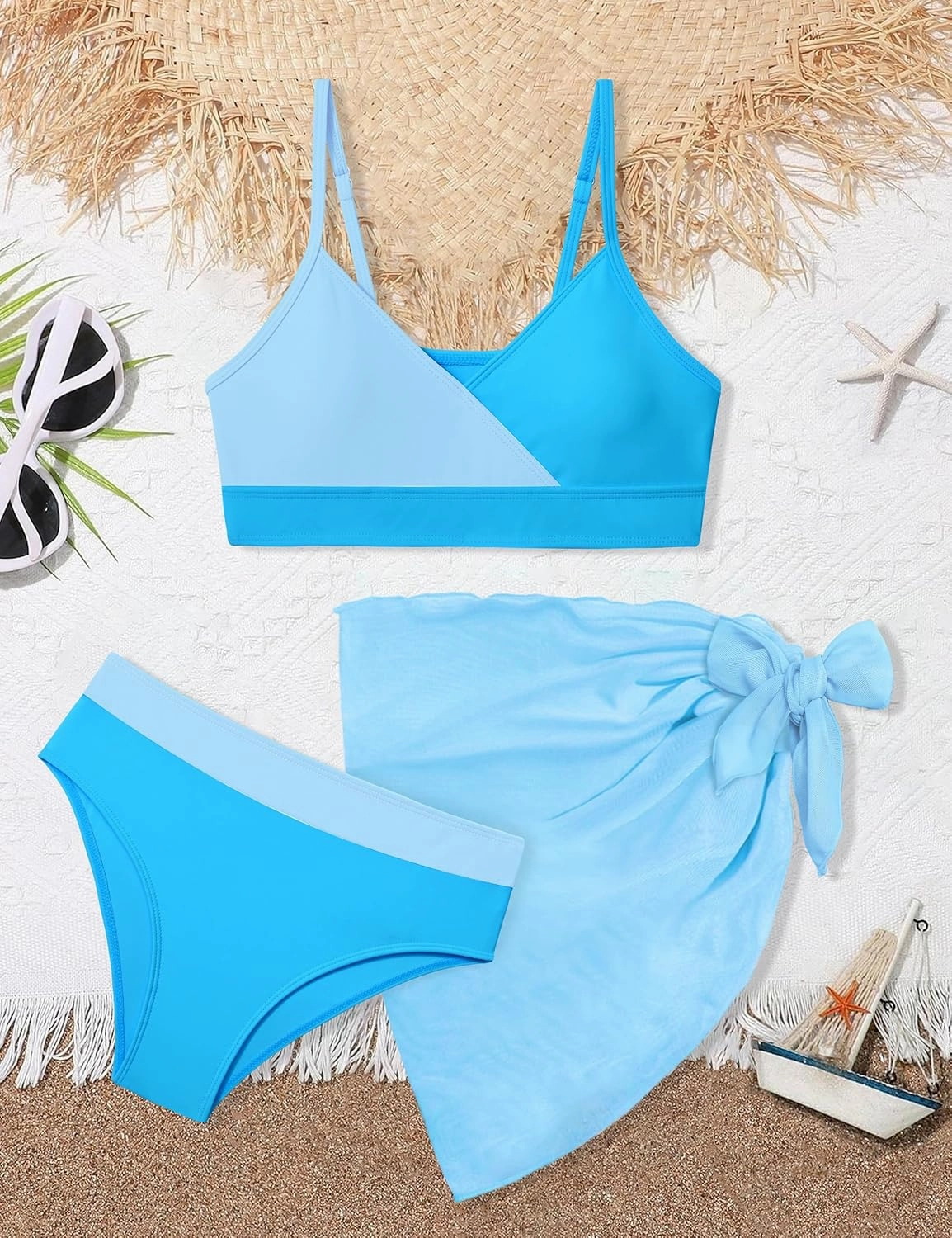 Girls Swimsuit V Neck Bikini Set Color Block with Cover Up 3Pcs Bathing Suits