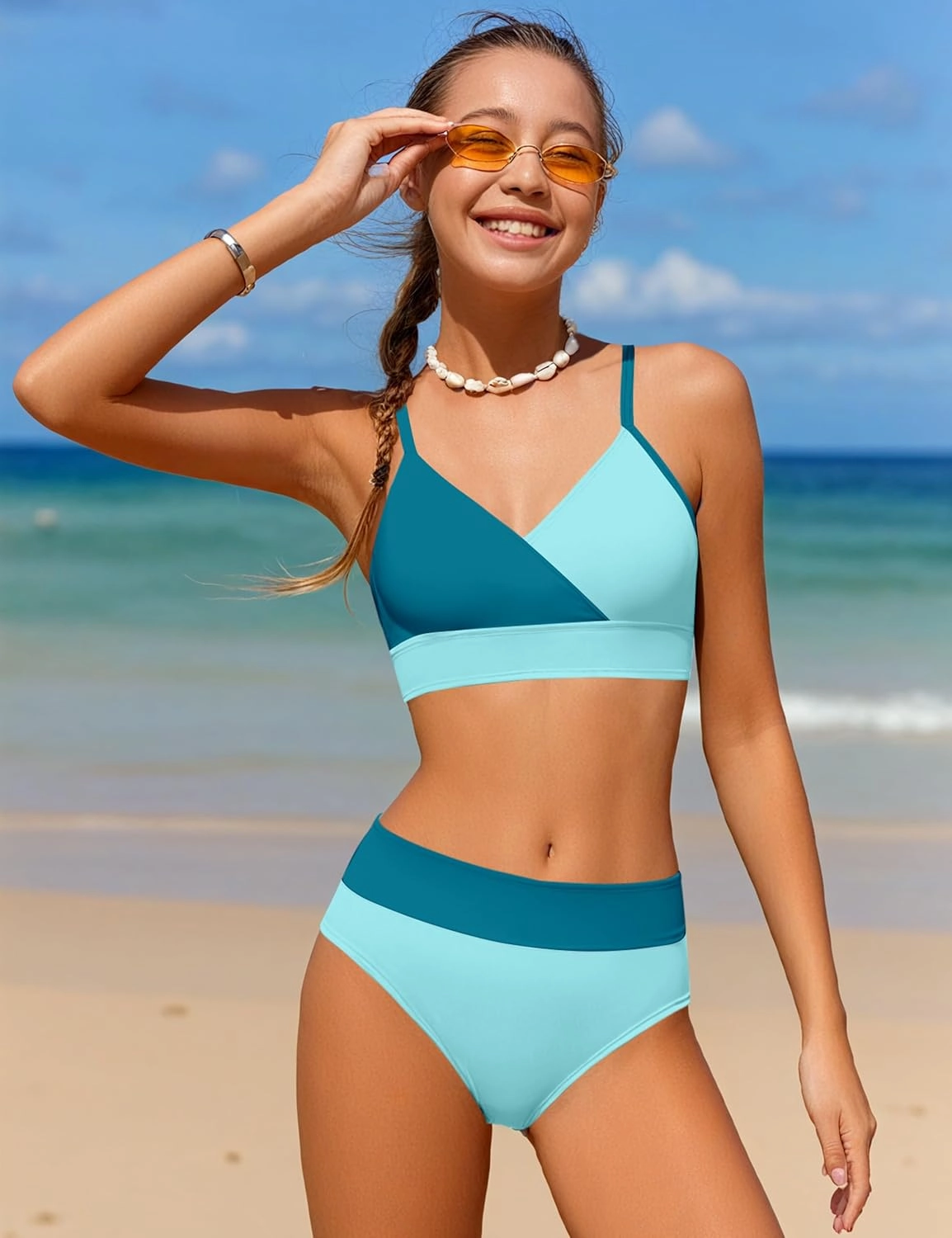 Girls Swimsuit V Neck Bikini Set Color Block with Cover Up 3Pcs Bathing Suits